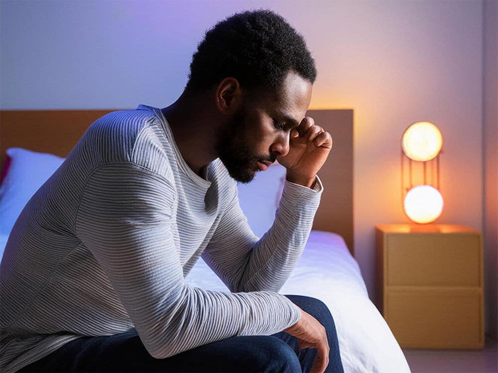 Man reflecting on Lexapro and alcohol use while sitting on a bed in a dimly lit room